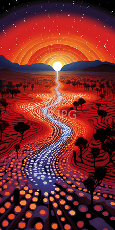 High Resolution: Abstract surreal landscape sunset vibrant reds oranges concentric circles above mountains silhouetted trees winding paths glowing dots download. | HRJPG.com
