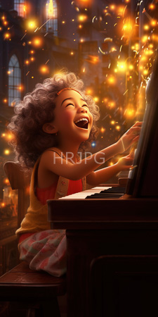 High Resolution: African-American girl curly gray hair laughing joyfully playing piano warm golden light floating fairy lights yellow tank top download. | HRJPG.com