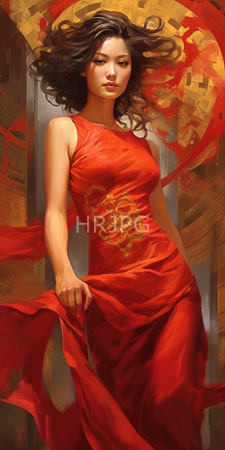 High Resolution: Asian woman wavy brown hair flowing red dress gold floral patterns holds one side gracefully abstract golden dark background download. | HRJPG.com