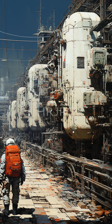 High Resolution: Industrial sci-fi setting large white cylindrical tanks rust pipes person beige pants blue jacket orange backpack walks checkered floor download. | HRJPG.com
