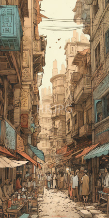 High Resolution: Intricate sepia-toned Middle Eastern street market tall buildings ornate balconies weathered facades narrow alleyway people traditional attire download. | HRJPG.com