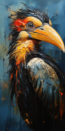 High Resolution: Intricate hornbill vibrant colors textured brushstrokes on canvas orange-red feathers around eyes yellow beak dark black plumage download. | HRJPG.com
