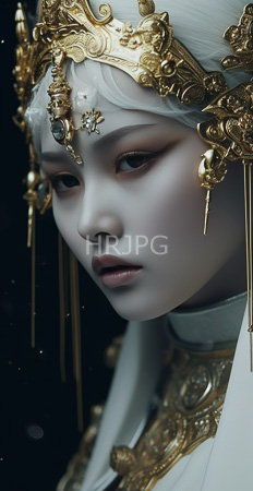 High Resolution: Ethereal pale-skinned woman delicate features closed eyes ornate gold headgear intricate patterns dangling ornaments white veil-covered hair download. | HRJPG.com