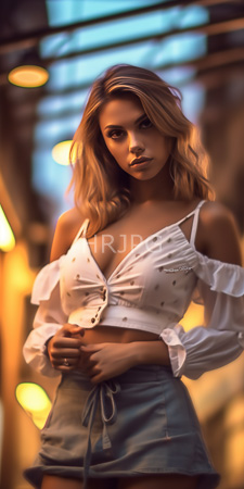 High Resolution: Attractive young woman wavy blonde hair light skin full lips white off-shouldered crop top blue high-waisted shorts dim indoor lighting download. | HRJPG.com
