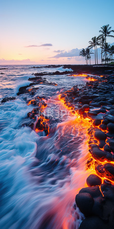 High Resolution: Ocean shoreline at sunset glowing orange lava flowing between dark rocks waves crash against them palm trees line right side download. | HRJPG.com