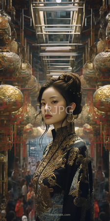 High Resolution: East Asian woman fair skin delicate features ornate black silk robes gold embroidery dark hair styled elegantly up calm serious download. | HRJPG.com