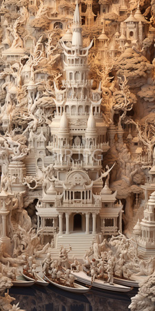 High Resolution: Intricate detailed white marble relief sculpture elaborate temple architecture multiple tiers ornate carvings swirling patterns trees vines download. | HRJPG.com