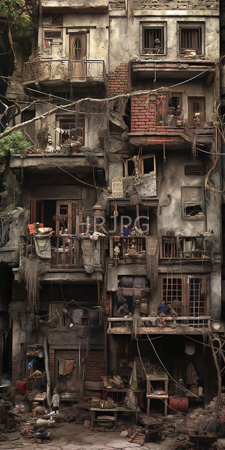 High Resolution: Aged dilapidated multi-story building peeling paint rusted balconies cluttered with laundry hanging from lines broken missing glass panes download. | HRJPG.com