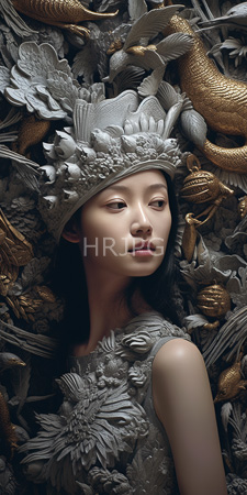 High Resolution: Asian woman fair skin delicate features intricate gray stone headdress detailed fish scales leaves golden dragon motifs download. | HRJPG.com