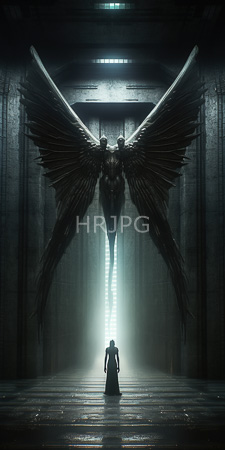 High Resolution: Imposing dark-winged angel muscular build humanoid features hovering above dimly lit industrial hall small figure stands wet stone flooring download. | HRJPG.com