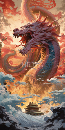 High Resolution: Enormous pink-scaled dragon fierce expression sharp teeth soaring through dramatic clouds sunset sky East Asian architecture mountainous terrain download. | HRJPG.com