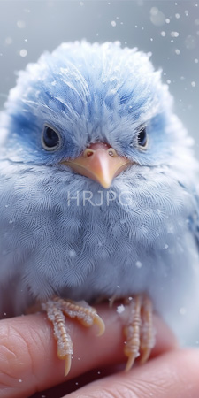 High Resolution: Adorable fluffy bluebird chick soft white light-blue feathers held gently by human fingers snowy weather small pink beak download. | HRJPG.com