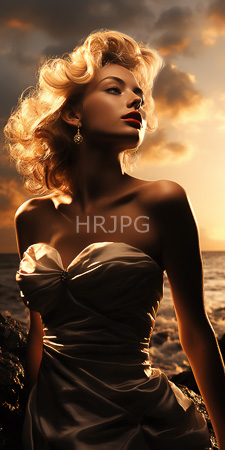 High Resolution: Attractive blonde woman curled hair red lipstick gold earrings strapless white satin dress sunset-lit ocean background fair-toned skin download. | HRJPG.com