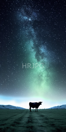 High Resolution: Isolated black cow standing on snow-covered ground silhouetted against vast night sky filled with stars Milky Way galaxy download. | HRJPG.com