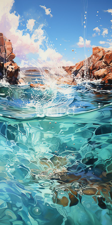High Resolution: Vibrant clear turquoise water splashing against rocky cliffs bright blue sky fluffy white clouds sunlight dynamic reflections download. | HRJPG.com