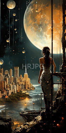 High Resolution: Ethereal sci-fi cityscape at night towering buildings riverside celestial bodies in sky woman standing rocky ledge white dress download. | HRJPG.com