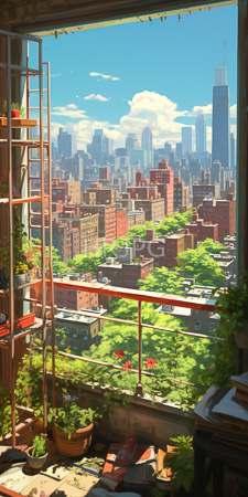 High Resolution: Urban rooftop garden sunny day vibrant greenery potted plants foreground cityscape background tall skyscrapers blue sky red metal railing download. | HRJPG.com