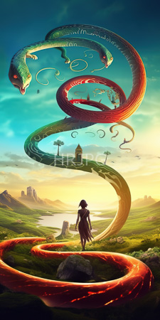 High Resolution: Enormous colorful serpent green red scales coiling mid-air above lone figure medieval traveler standing grassy terrain ancient ruins download. | HRJPG.com