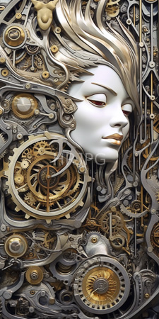 High Resolution: Ethereal white-skinned female face closed eyes golden hair blending into intricate mechanical gears silver gold hues serene expression download. | HRJPG.com