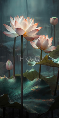 High Resolution: Serene lotus flowers aquatic setting delicate pink white petals orange highlights green stems large dark-green leaves misty background download. | HRJPG.com