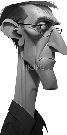 High Resolution: Black-and-white cartoon-style portrait elderly man exaggerated features long ears prominent nose thin-rimmed glasses sparse hair combed download. | HRJPG.com