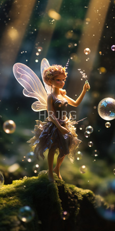 High Resolution: Intricately detailed small fairy figurine translucent wings curly blonde hair standing on mossy ground in sunlight brown dress download. | HRJPG.com