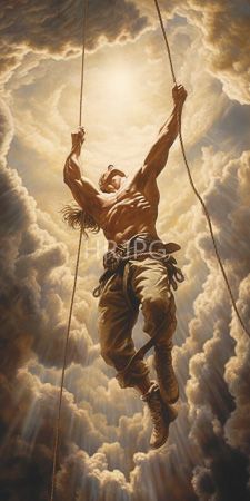 High Resolution: Muscular shirtless man long hair tan pants swinging from ropes dramatic clouds illuminated by sunlight suspended mid-air download. | HRJPG.com