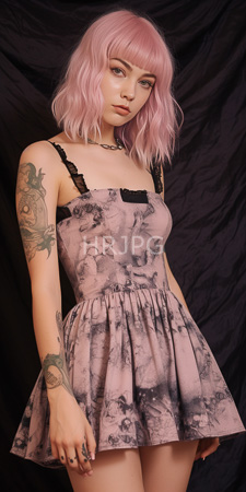 High Resolution: Young woman light pink wavy bob haircut fair skin ankle-length lavender dress black lace trim straps visible tattoos left arm download. | HRJPG.com