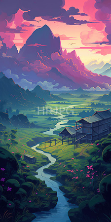 High Resolution: Enchanting vibrant landscape at sunset purple pink clouds over jagged mountains lush green fields winding river rustic wooden houses download. | HRJPG.com