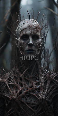 High Resolution: Eerie dark-skinned humanoid figure tree-like branches roots entwining its body cracked skin face resembling bark twig protrusions download. | HRJPG.com