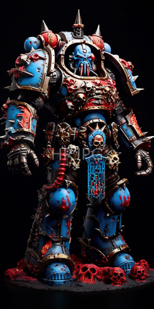 High Resolution: Intricately detailed towering robot blue armor red black spikes metallic textures organic elements skulls on its legs download. | HRJPG.com