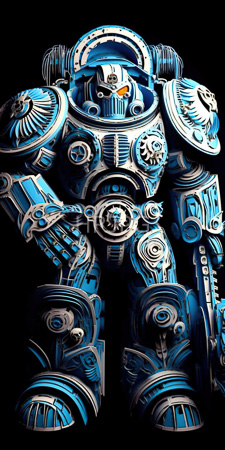 High Resolution: Intricately detailed blue silver robotic figure mechanical textures resembling gears circuits armor-plated body large shoulder pads cylindrical headpiece download. | HRJPG.com