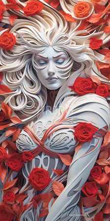 High Resolution: Ethereal silver-skinned woman flowing white hair lying amidst vibrant red roses orange leaves serene repose intricate armor-like clothing download. | HRJPG.com