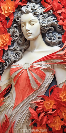 High Resolution: Intricately carved white stone statue serene woman flowing silver hair vibrant red orange paper flowers detailed dress adorned large central bow download. | HRJPG.com