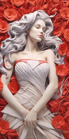 High Resolution: Ethereal pale-skinned woman flowing silver hair lying amidst vibrant red roses strapless white dress crisscross patterns hands over it download. | HRJPG.com