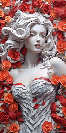 High Resolution: Ethereal pale-skinned woman flowing white hair lying amidst vibrant red orange roses silver leaf-patterned dress contrasts against petals download. | HRJPG.com