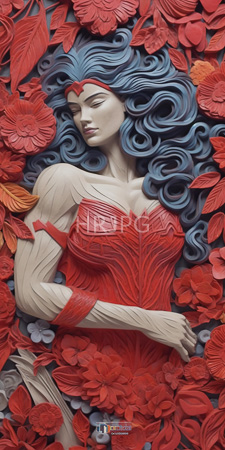 High Resolution: Intricately carved three-dimensional relief sculpture Wonder Woman lying amidst vibrant red flowers leaves blue hair flowing around her download. | HRJPG.com