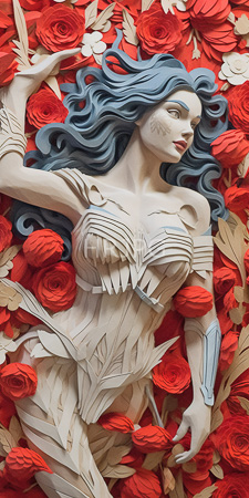 High Resolution: Intricately carved stylized sculpture fair-skinned woman flowing blue hair red lips lying amidst vibrant roses ornate white armor-like clothing download. | HRJPG.com