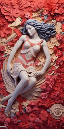 High Resolution: Intricately carved three-dimensional sculpture serene woman blue hair lying among vibrant red pink flowers beige leaves detailed dress download. | HRJPG.com