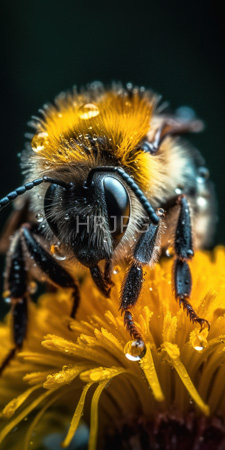 High Resolution: Close-up iridescent fuzzy bumblebee black yellow striped fur on its head perched atop vibrant orange-yellow dandelion petals download. | HRJPG.com