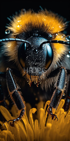 High Resolution: Close-up insect bumblebee wasp detailed focus black yellow fuzzy face water droplets large shiny compound eyes hairy legs download. | HRJPG.com