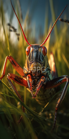 High Resolution: Close-up insect grasshopper katydid vivid red black segmented body parts large orange compound eyes long reddish antennae download. | HRJPG.com