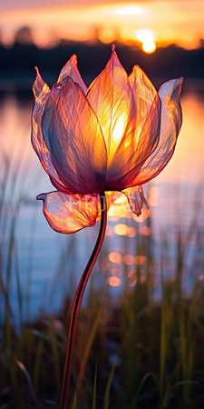 High Resolution: Illuminated lotus flower at sunset translucent pink orange petals glowing against soft sunlight reflections on water silhouetted trees download. | HRJPG.com