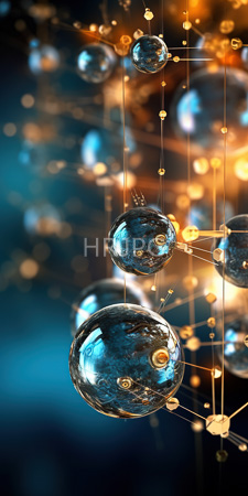 High Resolution: Abstract futuristic light installation multiple transparent blue spheres reflective surfaces small golden orbs thin wires suspended mid-air download. | HRJPG.com