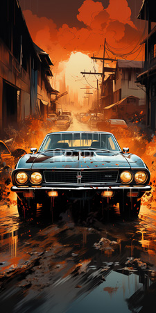 High Resolution: Iconic blue muscle car dual front headlights hood vents driving through war-torn urban street at sunset fiery orange sky download. | HRJPG.com