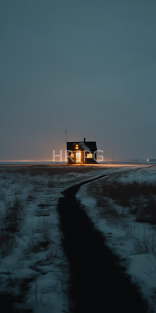 High Resolution: Isolated small wooden house warm yellow light glowing from its windows at dusk dawn in winter snow-covered ground dark path download. | HRJPG.com