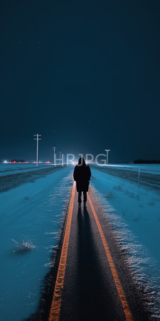 High Resolution: Solitary figure dark winter clothing walking down illuminated empty road at night blue-tinted snow faint streetlights red lights download. | HRJPG.com
