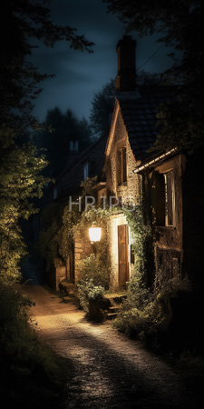 High Resolution: Enchanting dim-lit cottage at night warm yellow light from two lanterns illuminating rustic stone walls wooden windows ivy climbs download. | HRJPG.com