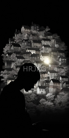 High Resolution: Ethereal silhouette of a person short hair facing downward shadowy foreground surreal backdrop hillside village at night illuminated by soft light download. | HRJPG.com