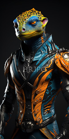High Resolution: Anthropomorphic lizard yellow blue spotted skin intricate armor blending black leather-like textures vibrant orange patterns on its chest plate download. | HRJPG.com